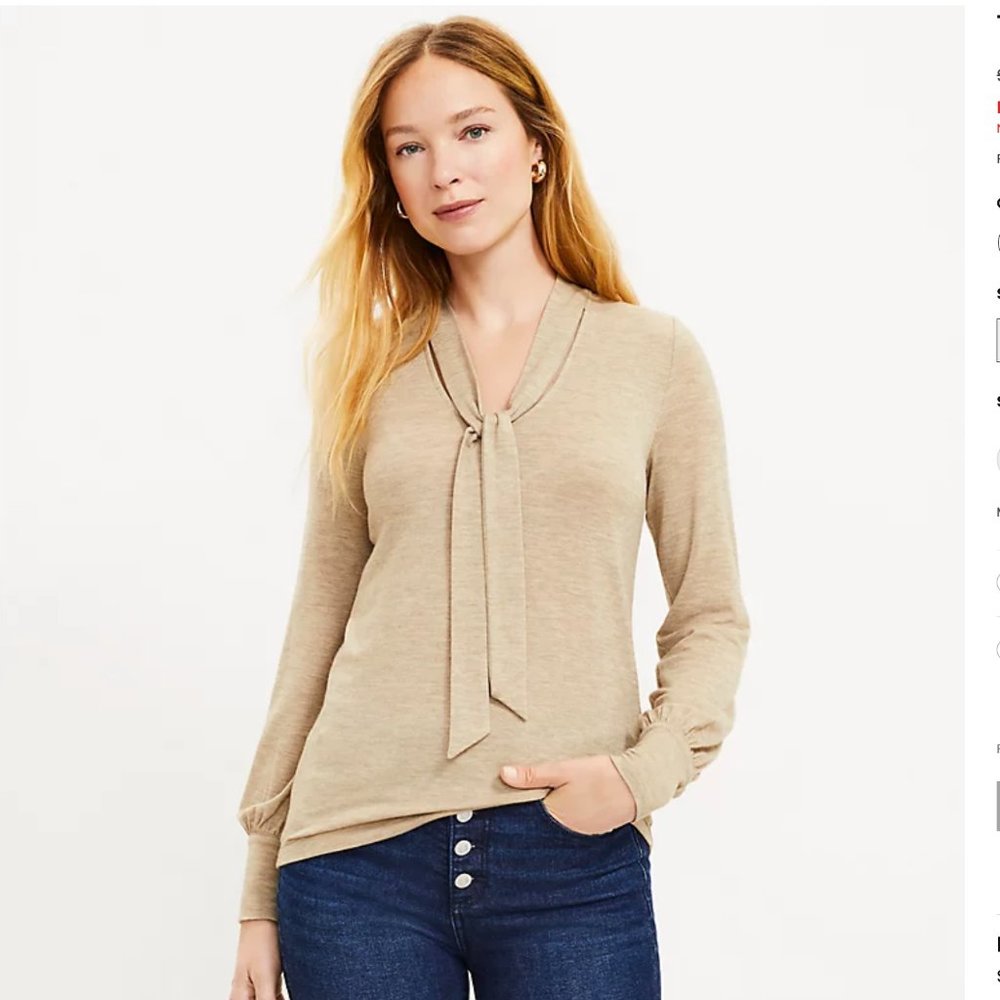 LOFT Tie Neck Knit Blouse Maple Sugar Heather Tan Beige Small NWT